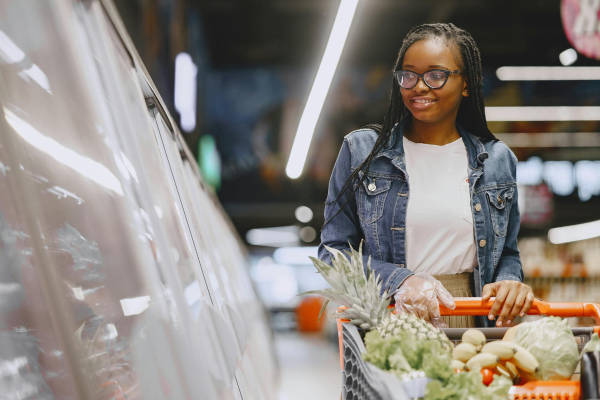 A photo of a woman pushing a shopping cart and looking at food options in a store.