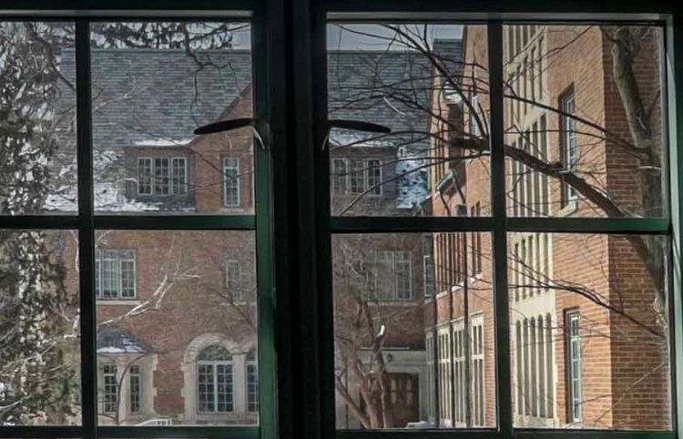 Window view of MSU campus building