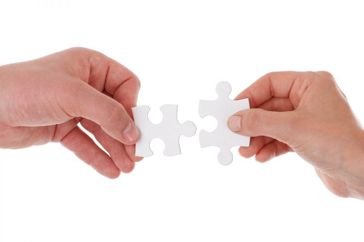 Two hands holding up two puzzle pieces.