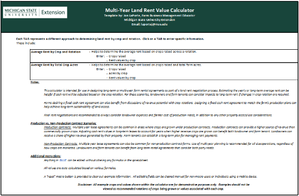 Instructions page of the Multi-Year Land Rent Value Calculator tool