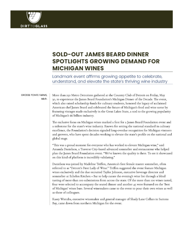 Image of Press Release on Dirt to Glass letterhead — white Dirt to Glass logo on a green background.