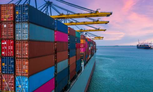 A shipyard with cranes and shipping containers.