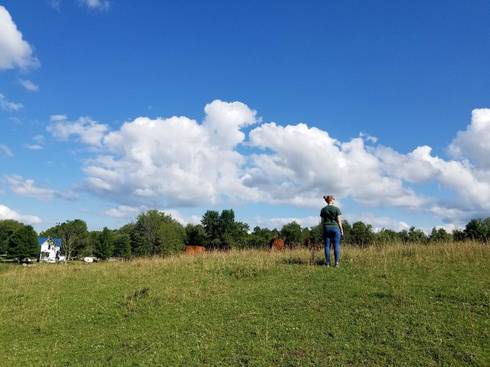 A man standing in a field with a blue sky.