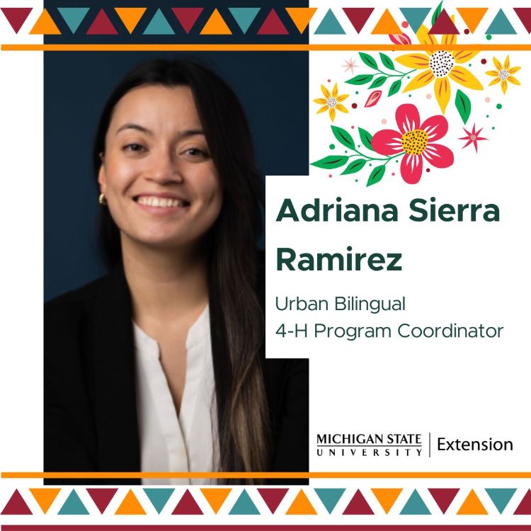 Adriana headshot in a multicolored border with floral graphic.