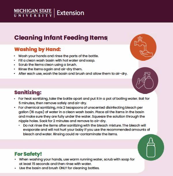 A screenshot of the cleaning infant feeding items guide.