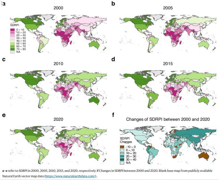 Sustainable Development Relative Performance Index (SDRPI) scores (0 to 100) across the world and their changes over 2000-2020.
