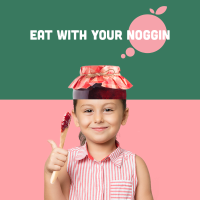 Young girl with a jar of jam on her head.