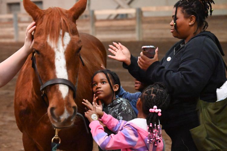 Two children and an adult pet a horse at CANR Small Animals Day.