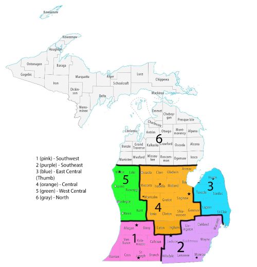 A colorful, sectioned-off map of Michigan
