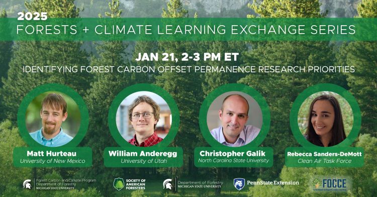 Flyer for webinar one of the 2025 Forests + Climate Learning Exchange Series.