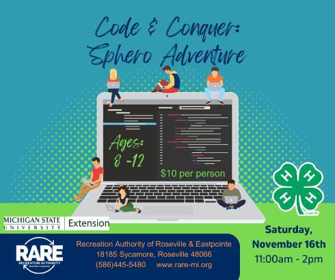 A picture of a computer with the 4-H logo and RARE (Recreational Authority of Roseville Eastpointe) logo