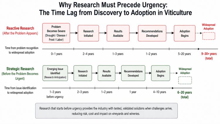 Diagram comparing reactive and strategic viticulture research timelines. Reactive research begins after a problem becomes severe and can take 9–30+ years to reach widespread adoption, while strategic research anticipates emerging issues and can deliver tested solutions sooner, with widespread adoption in 6–20 years.