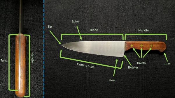 A diagram of a knife sowing different parts including the blade and the handle.