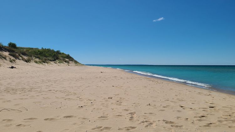 A Lake Michigan sandy beach with water lapping along the shoreline.