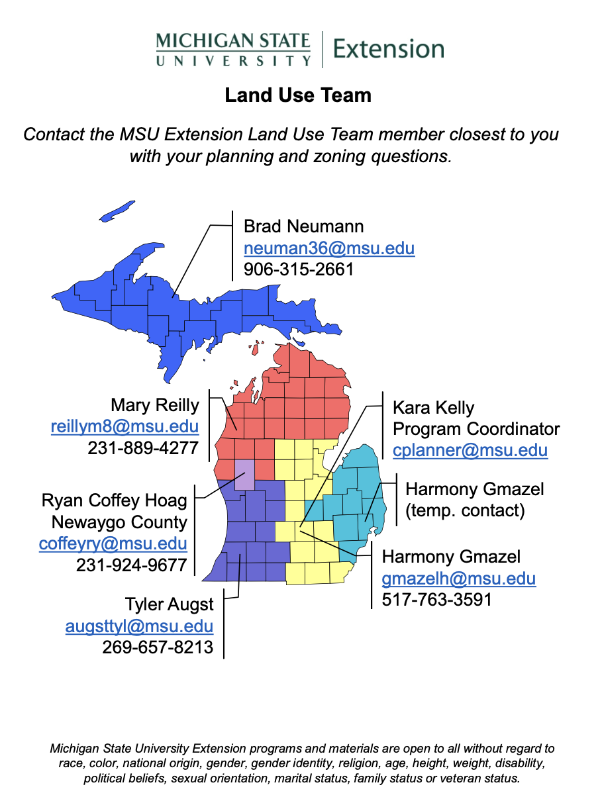 Map of the state of Michigan with county lines included. Shows coverage areas of MSU Extension land use educators: Brad Neumann, Upper Peninsula; Mary Reilly, northern Michigan; Ryan Coffey Hoag, Newaygo County; Harmony Gmazel, central and southeast Michigan; and Tyler Augst, southwest Michigan.