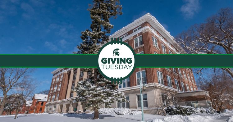 Image of Agriculture Hall with the Giving Tuesday logo overlaid over top of it.