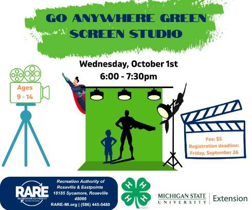 Movie projector, green screen, lights, and action sign with 4-H and MSU extension logo