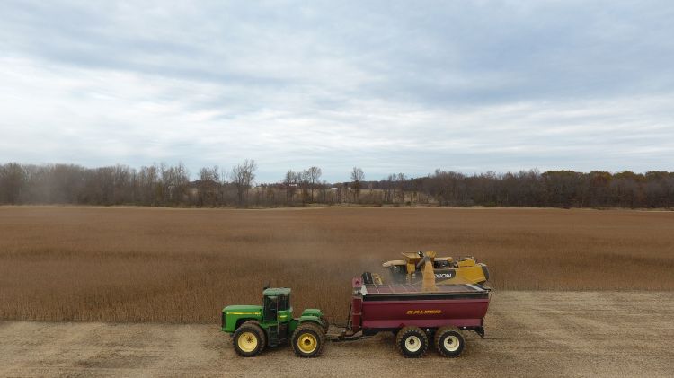 green tractor hauling red wagon in a brown field