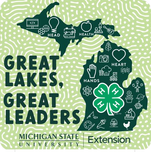 A light green textured background with the state of Michigan in dark green. On the State are several icons reflecting various 4-H program areas and a large 4-H clover. On the light green background, the words Great Lakes, Great Leaders and the MSU Extension wordmark.