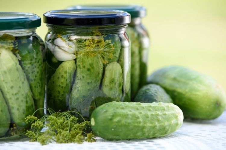 Cucumbers and dill outside a jar of pickles.