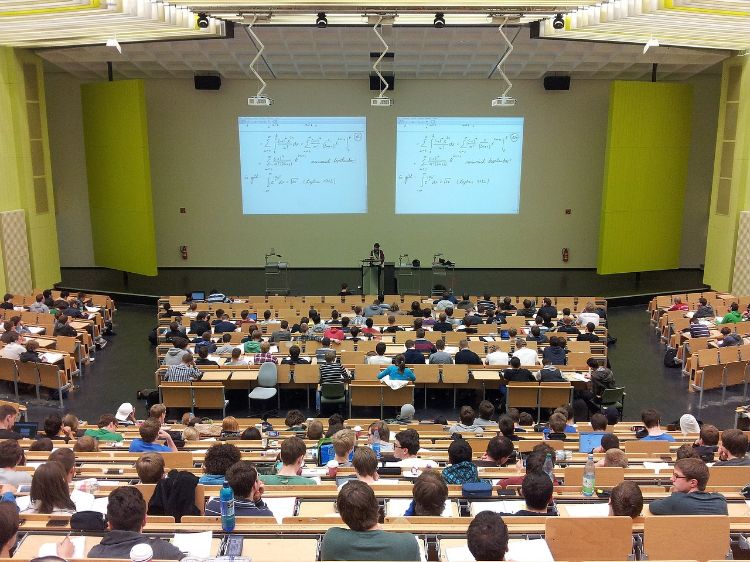 a large university classroom.