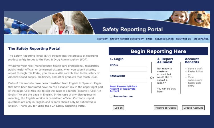 Screenshot of the FDA safety reporting portal at https://www.safetyreporting.hhs.gov/.