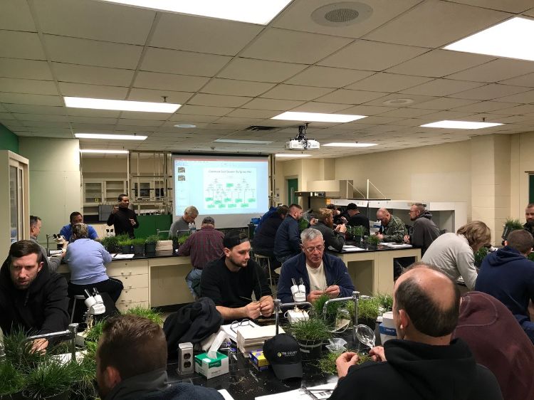 Attendees sit at tables in a classroom, identifying different turf samples in front of them.