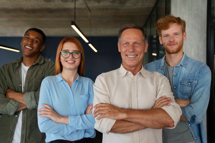 Four people of various ages smiling with their arms folded in front of them.