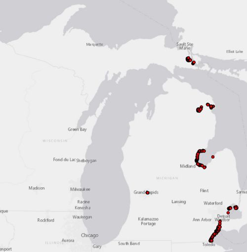 Figure 1: European frog-bit observations in Michigan. The red points indicate a specific location reported to MISIN. Map created by MISIN.