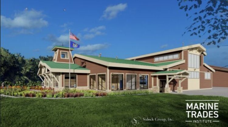 Renderings of the new mass timber building at the Marine Trades Institute (formerly the Great Lakes Boat Building School).