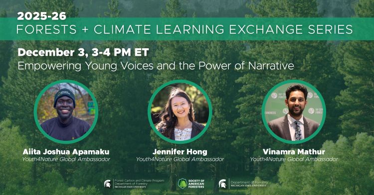 Flyer for the December Learning Exchange Series webinar. In this webinar,  Jennifer Hong, Vinamra Mathur, and Aiita Joshua Apamaku from Youth4Nature present 