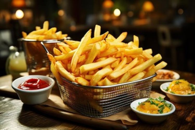 French fries in a basket next to a dish of ketchup.
