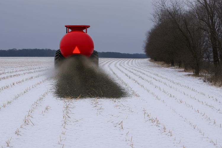Rear view of a red manure spreader applying manure to a snow-covered farm field in winter.