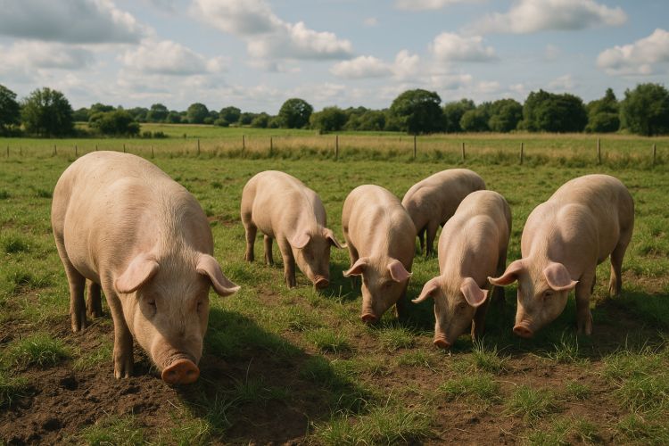 pink pigs on a green pasture