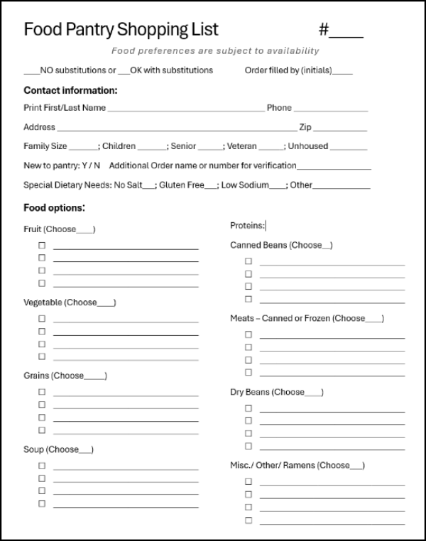 Food Pantry Shopping List form with fields for contact information and food preferences.