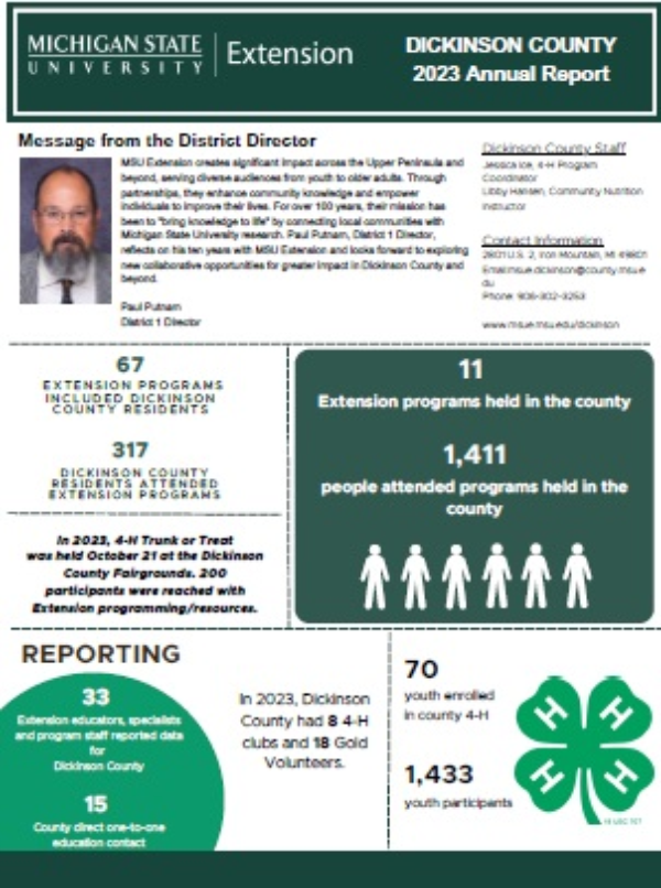 Cover photo of annual report with impact data and staff and program success stories.