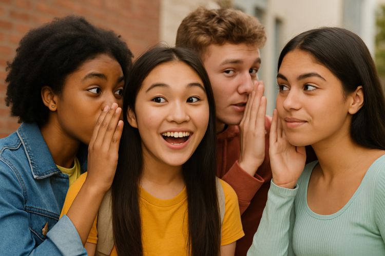 Youth whispering into each others ears.