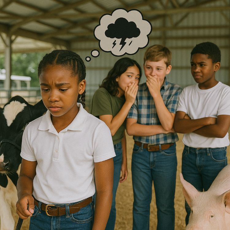 Three kids in the background whispering while a young girl stands sadly in the foreground. She has raincloud bubble above her, indicating her thoughts are sad. A pig and calf are in the background as well.