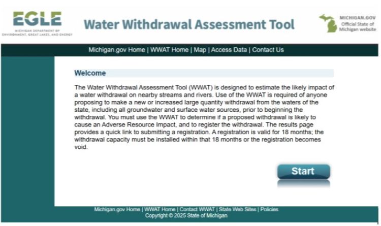 A screenshot of the welcome page on the Michigan Water Withdrawal Assessment Tool Website.