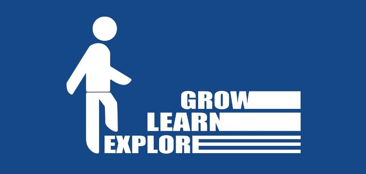 A blue graphic with a white stick figure climbing up stairs that say explore (bottom step), learn (middle step) and grow (top step).