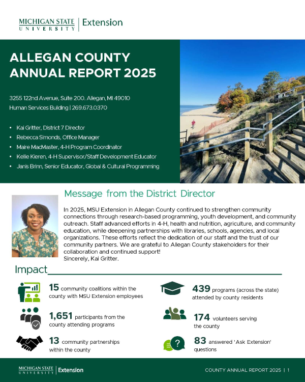 Data highlights, image of Kai Gritter and of Allegan landmark location with green and white branding