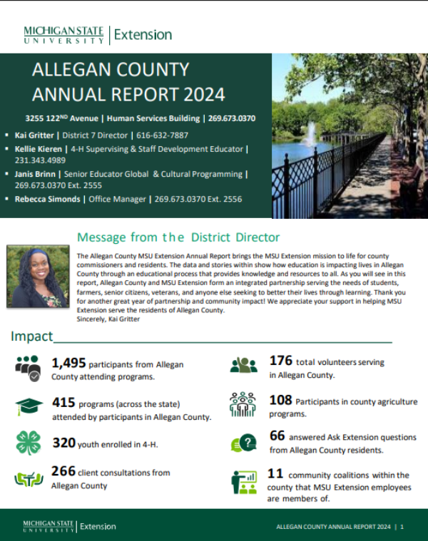 Data highlights, image of Kai Gritter and of Allegan landmark location with green and white branding