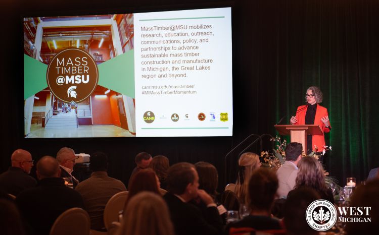 Sandra Lupien, director of MassTimber@MSU, standing in front of a crowd on stage. She's speaking at a podium with a big screen of her presentation projected to the left of her.