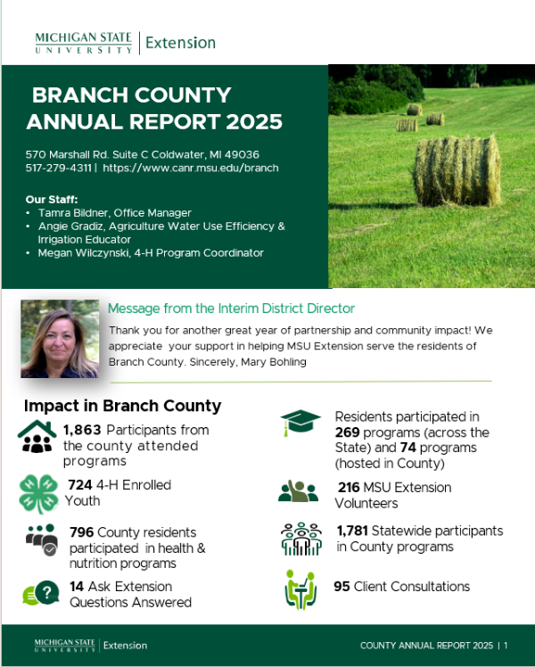 Cover photo of annual report featuring Interim District Director Mary Bohling and data points about our work in the county.