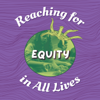 Reaching for Equity in All Lives podcast cover art includes a graphic of a green tomato with a photo of a young girl cooking superimposed inside.
