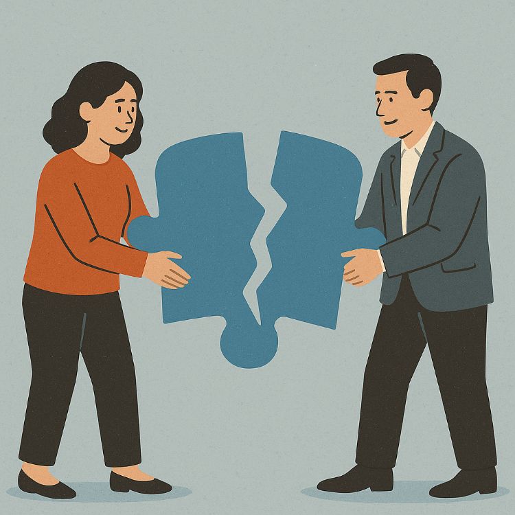 An illustration of two people ripping in half a puzzle piece.