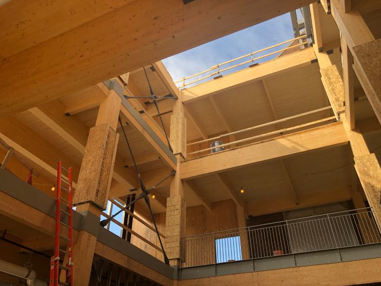 Photograph of a multi-story wooden mass timber building (MSU STEM Teaching and Learning Facility) under construction, showcasing exposed beams, columns, and metal supports. The structure features open spaces with visible railings, a red ladder, and a clear blue sky above, highlighting progress in framing and structural assembly.