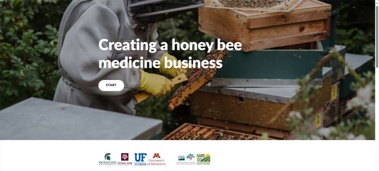 Screenshot of “Creating a honey bee medicine business” online learning module that pictures a beekeeper inspecting a honey bee colony.