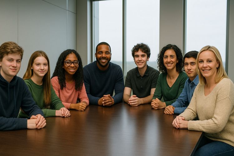 Diverse people sitting around a table.