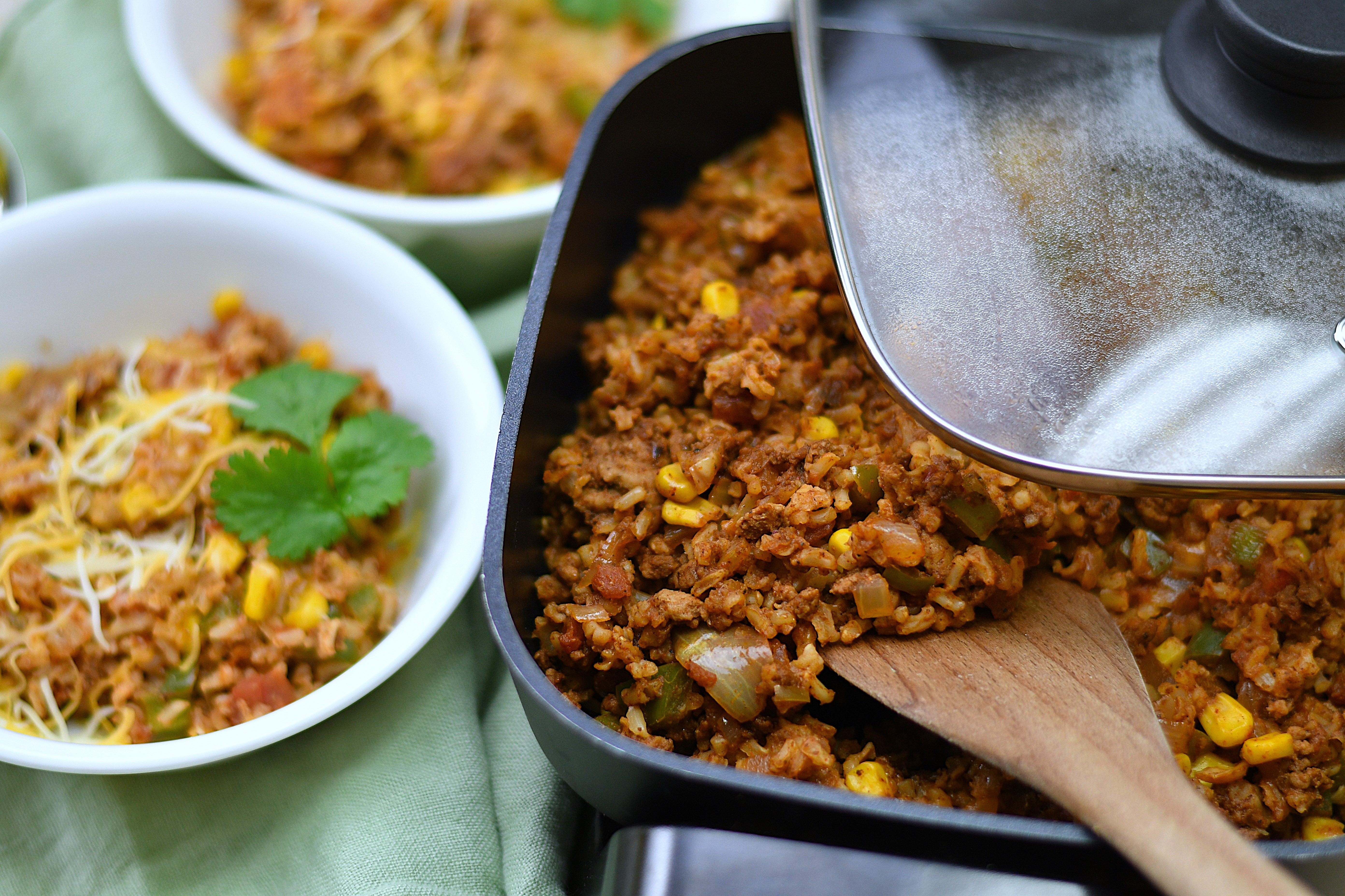 A photo of a close up of a food mixture in a pan